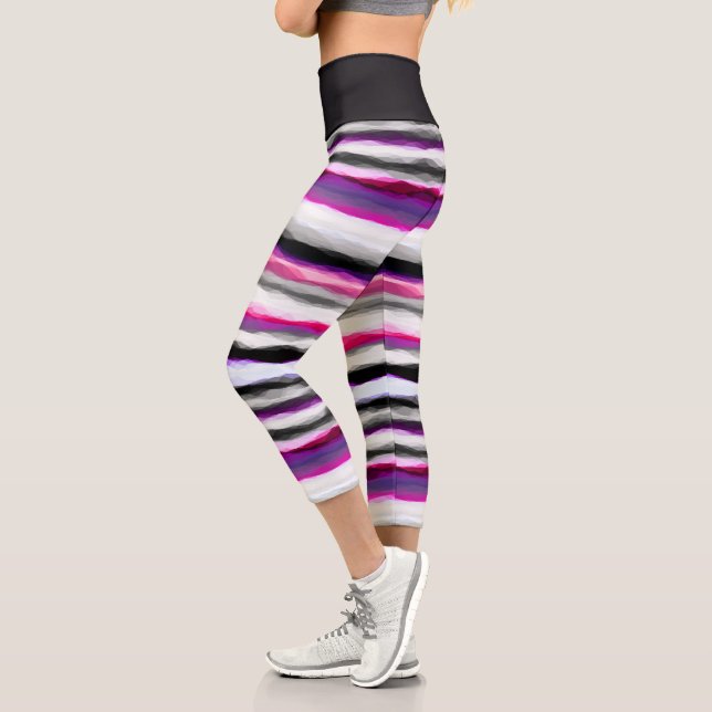 Pink, White and Grey Abstract Stripes Capri Leggings (Left)