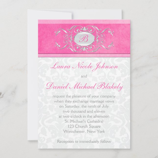Pink, White, and Grey Damask Monogram Invite (Front)