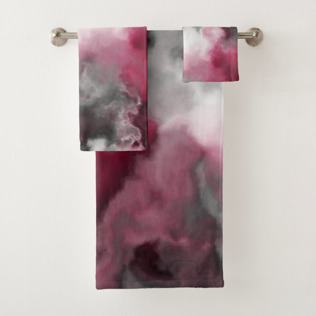 Pink, white and Grey Marbled Abstract   Bath Towel Set (Insitu)