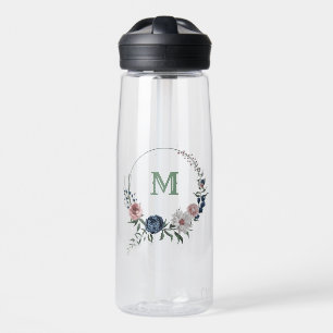 pink, white and navy blue flowers greenery water bottle