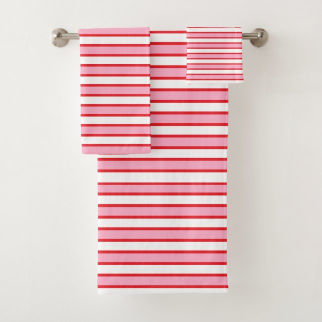 Pink, White and Red Stripes Bath Towel Set (Insitu)