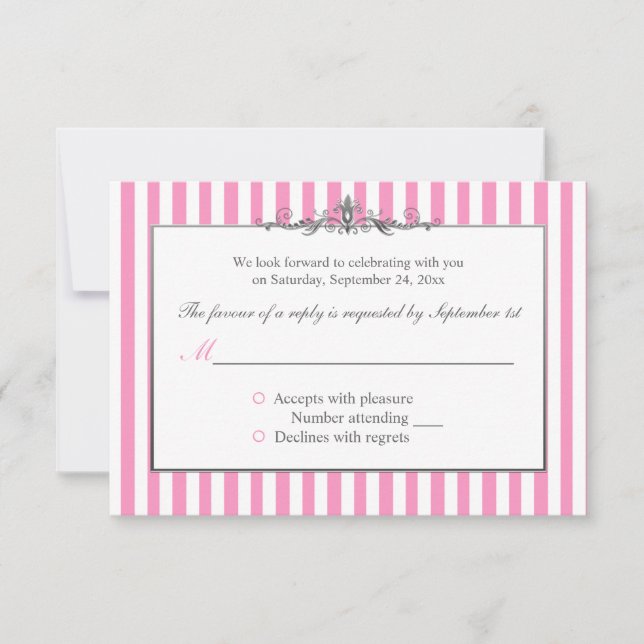 Pink, White, and Silver Striped Reply Card (Front)