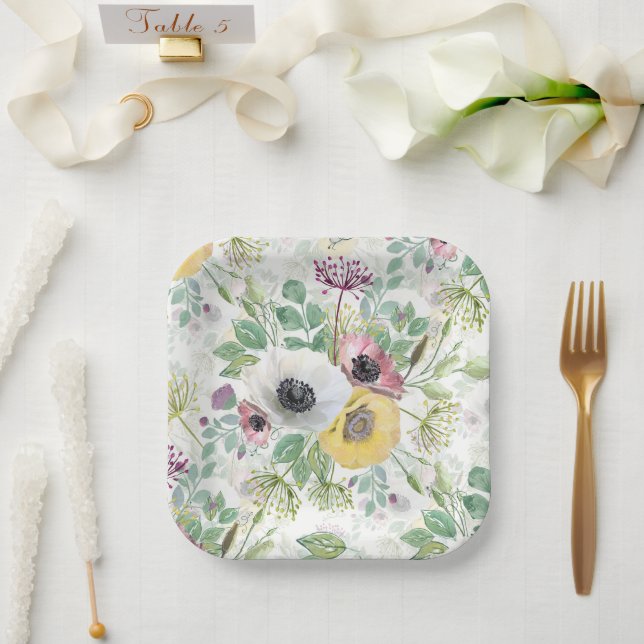 Pink, white and yellow anemones.  paper plates (Wedding)