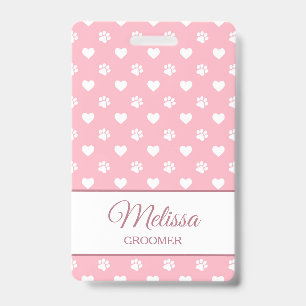Pink & White Animal Paw Prints and Hearts Monogram Badge