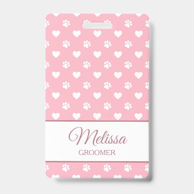 Pink & White Animal Paw Prints and Hearts Monogram Badge (Front)