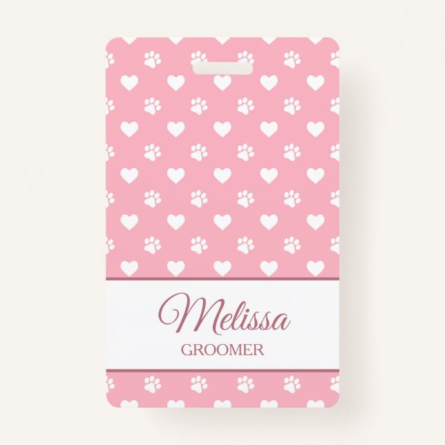 Pink & White Animal Paw Prints and Hearts Monogram Badge (Front)
