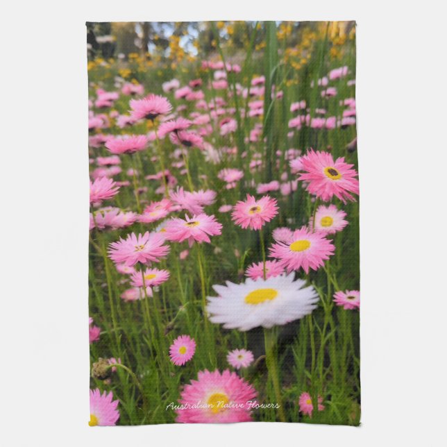 Pink + White Australian Native Meadow Flowers  Kitchen Towel (Vertical)