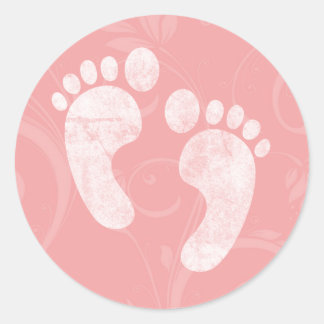 Pink/White Baby Footprints Classic Round Sticker