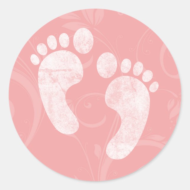 Pink/White Baby Footprints Classic Round Sticker (Front)