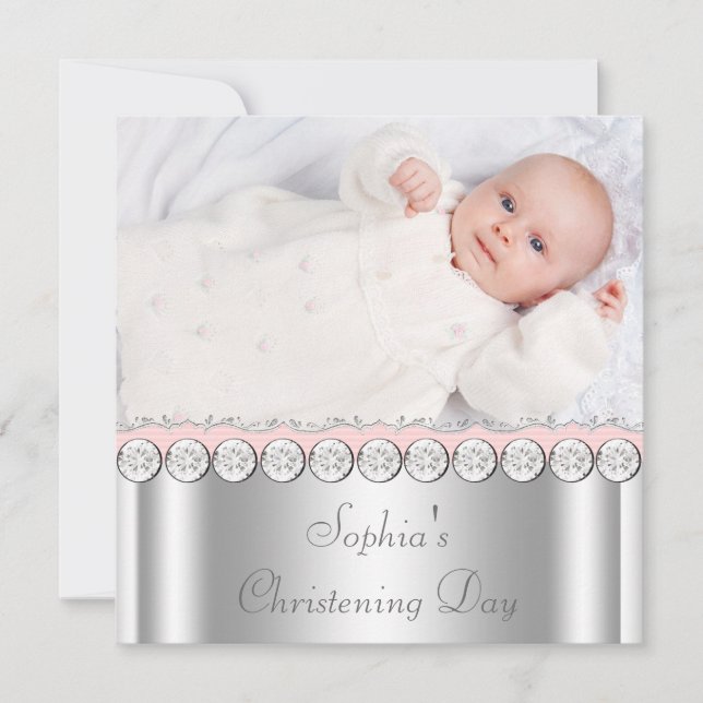 Pink White Baby Girl Photo Christening Invitation (Front)