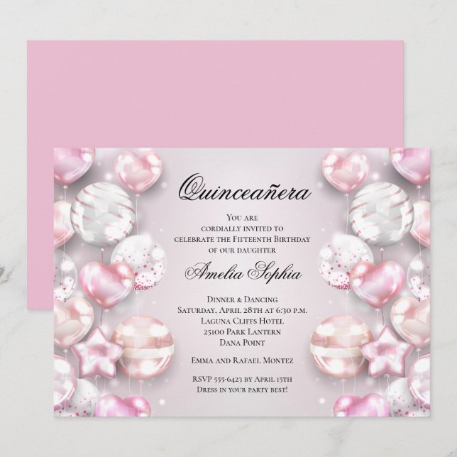Pink White Balloons Quinceañera Invitation (Front/Back)