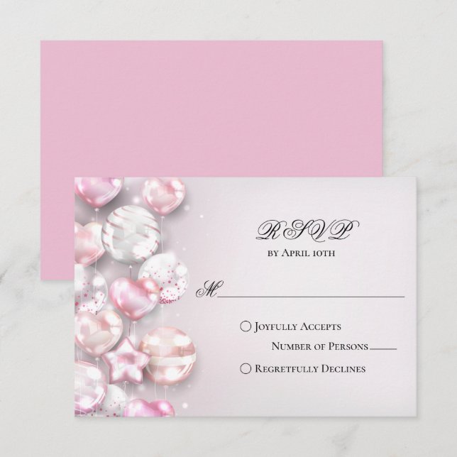 Pink White Balloons Quinceañera RSVP Card (Front/Back)