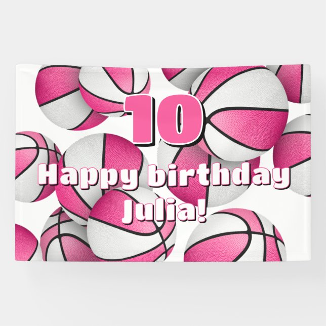 pink white basketballs girls sports birthday party banner (Horizontal)