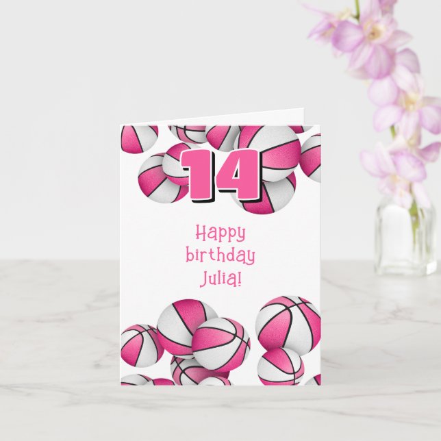 pink white basketballs kids birthday card (Orchid)