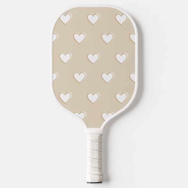 Pink White Beige Cute Simple Heart Pattern Pickleball Paddle (Front)