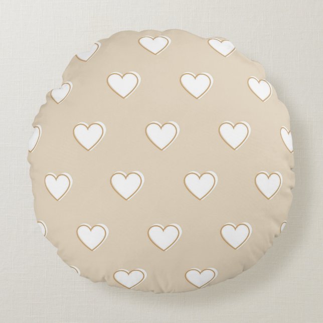 Pink White Beige Cute Simple Heart Pattern Round Pillow (Front)