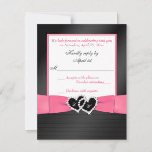 Pink White Black FAUX Pleats Hearts Wedding RSVP 2 Invitation