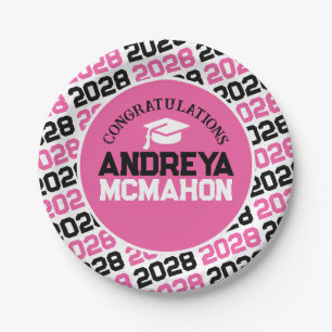 Pink, White & Black Graduation Personalized Paper Plate