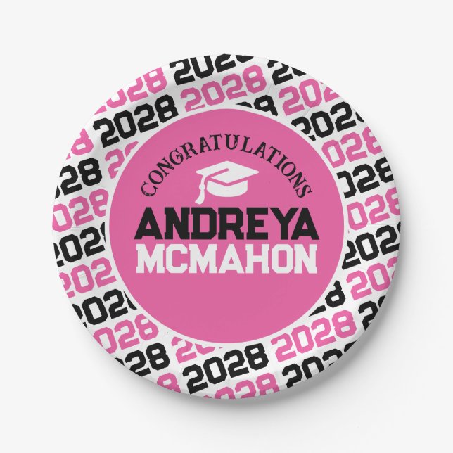 Pink, White & Black Graduation Personalized Paper Plate (Front)
