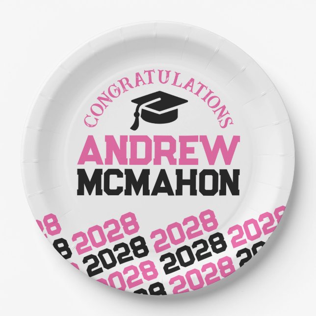Pink, White & Black Half Repeat Grad Personalized Paper Plate (Front)