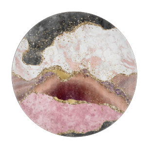 Pink White Black Mauve Gold Glitter Agate Marble Cutting Board
