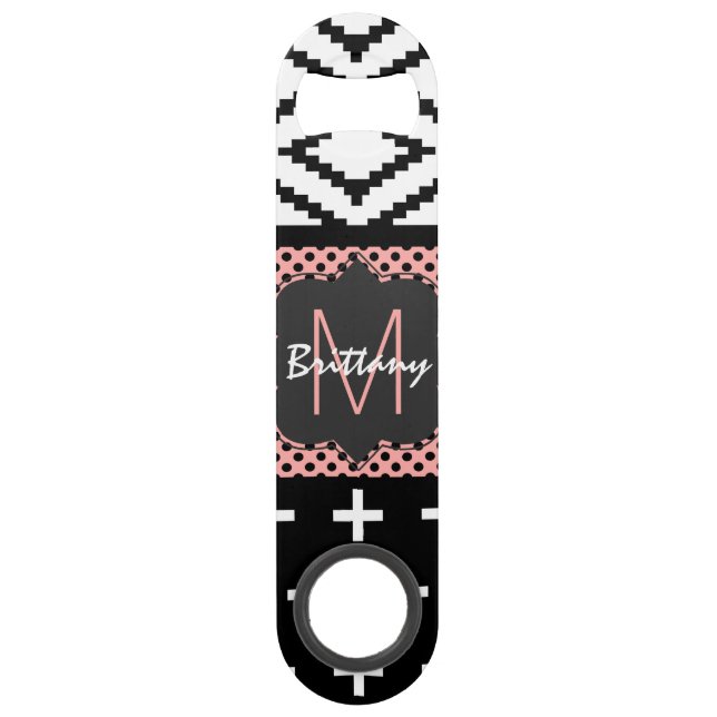 Pink, White, & Black Modern Geometric Monogram Bar Key (Front)