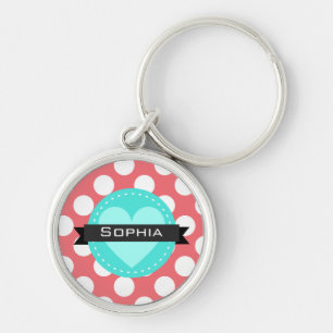 Pink White Blue Polka Dot Pattern Keychain