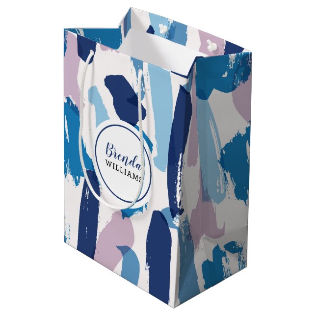 Pink white & blue watercolors brushstrokes pattern medium gift bag (Back Angled)