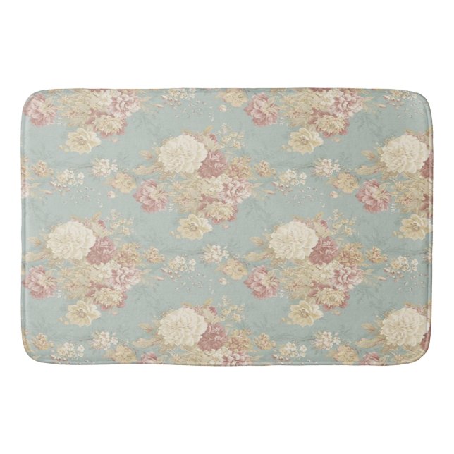 Pink White Blush Roses on Blue Background  Bath Mat (Front)