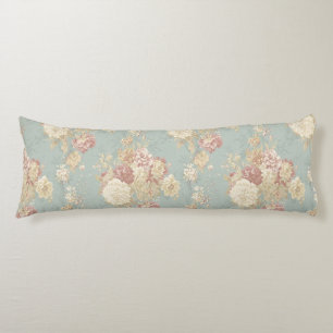 Pink White Blush Roses on Blue Background Body Pillow