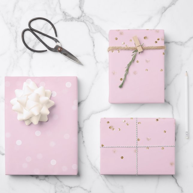 Pink White Bokeh Gold Glitter Confetti Christmas Wrapping Paper Sheet (Front)