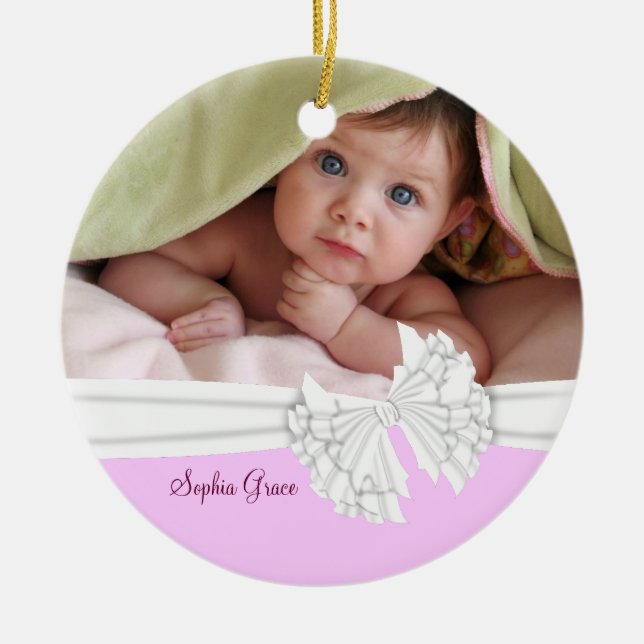 Pink & White Bow Baby Girl Photo Ornament (Front)