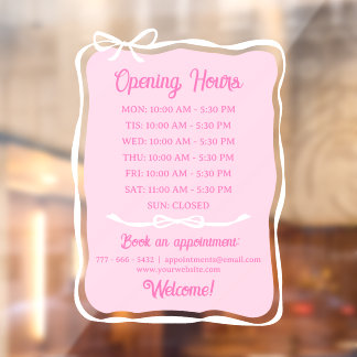 Pink White Bow Frame Small Business Open Hours Window Cling