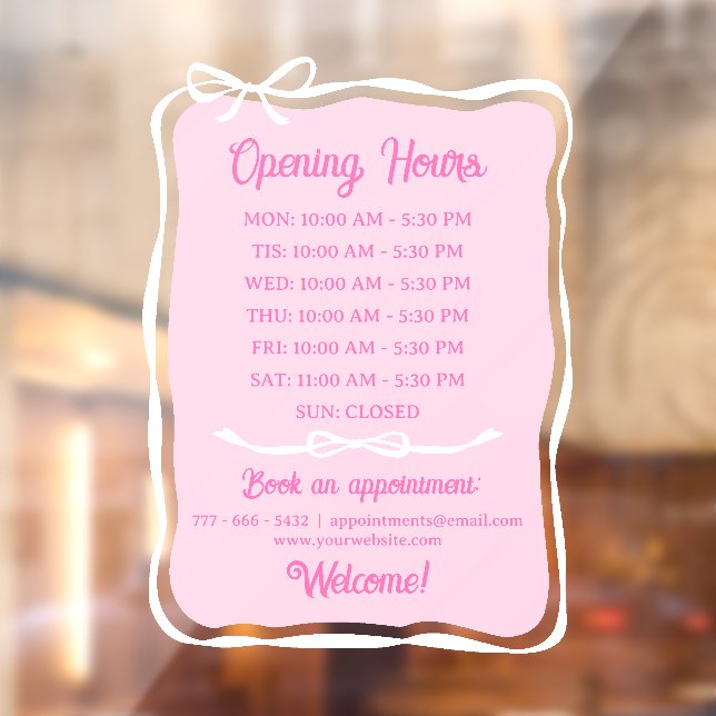 Pink White Bow Frame Small Business Open Hours Window Cling (Sheet 2)