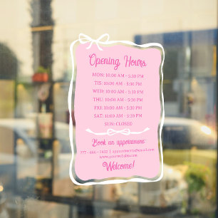 Pink White Bow Frame Small Business Open Hours Window Cling