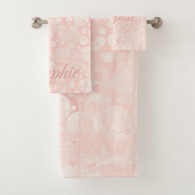 Pink white bubbles polka dots girly bath towel set (Insitu)