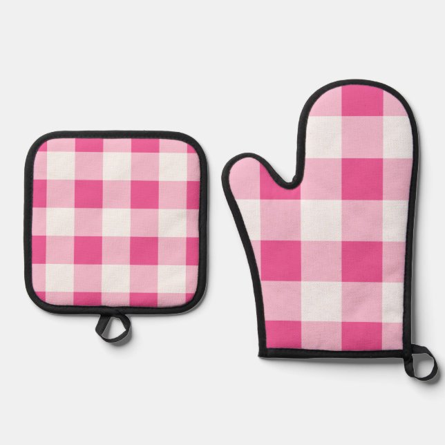 Pink White Buffalo Check  Oven Mitt & Pot Holder Set (Front)