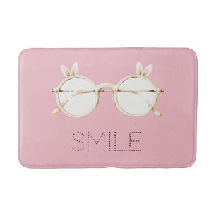 Pink White Bunny Ears Glasses Smile Bath Mat