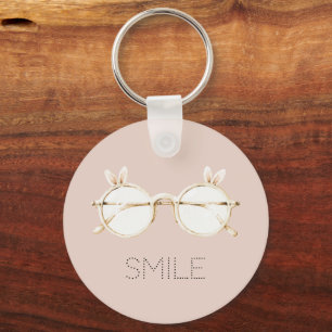Pink White Bunny Ears Glasses Smile Keychain