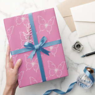 Pink White Butterflies Birthday Wrapping Paper