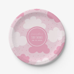 Pink & White Cartoon Clouds Girl Baby Shower Cute Paper Plate