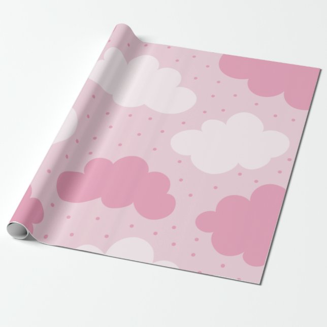 Pink & White Cartoon Dreamy Clouds Pattern Dotted Wrapping Paper (Unrolled)