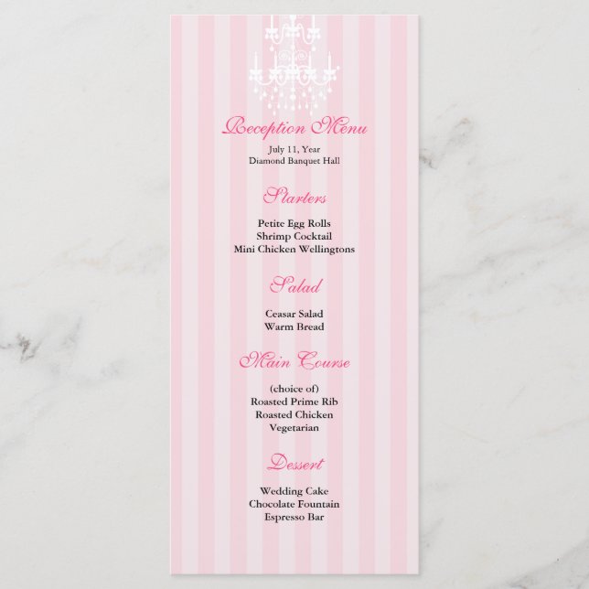 Pink & White Chandelier Striped Reception Menu (Front)