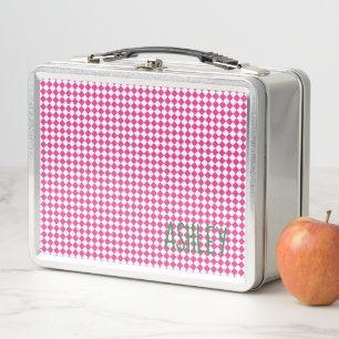 Pink White check Green custom name school Metal Lunch Box