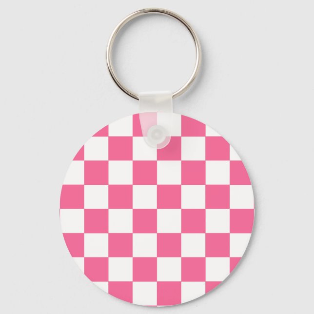 Pink White Chequered Check Pattern Keychain (Front)