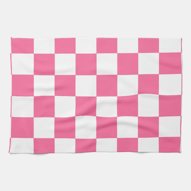 Pink White Chequered Check Pattern Kitchen Towel (Horizontal)