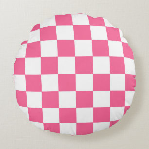 Pink White Chequered Check Pattern Round Pillow