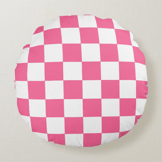 Pink White Chequered Check Pattern Round Pillow (Front)