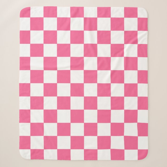 Pink White Chequered Check Pattern Sherpa Blanket (Front)