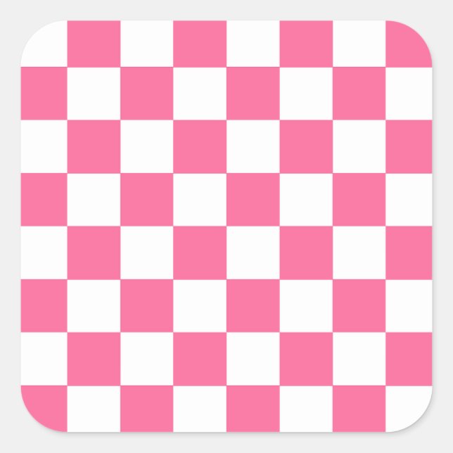 Pink White Chequered Check Pattern Square Sticker (Front)